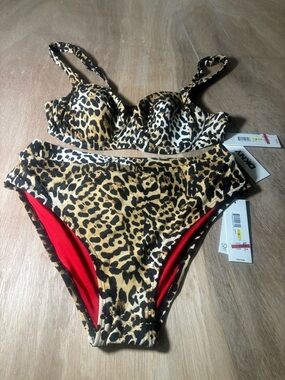 DKNY Leopard Print Bikini Set - Tan, Black & Red Size M